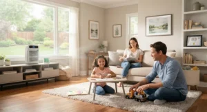 Family breathing clean air in a living room directly above a treated basement free of mold.