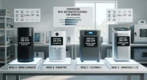 Side-by-side comparison of top-rated air purifiers specifically tested for secondhand smoke.