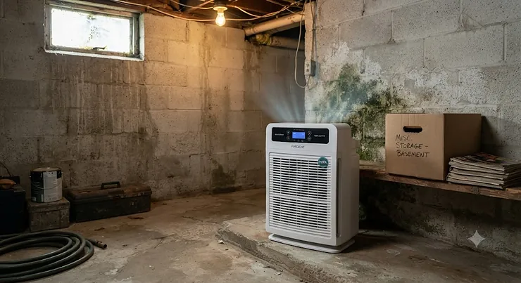 A compact HEPA air purifier placed in a damp American basement to remove mold spores.