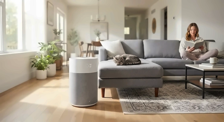 A sleek air purifier for cat allergies running quietly in a modern American living room.