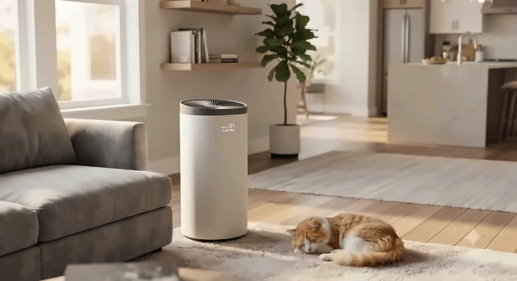 A sleek air purifier designed for cat hair and dander operating in a spacious modern American living room. air purifier for cat hair and dander large room
