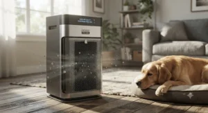 A modern air purifier for large dogs featuring a carbon filter to eliminate heavy pet odors.