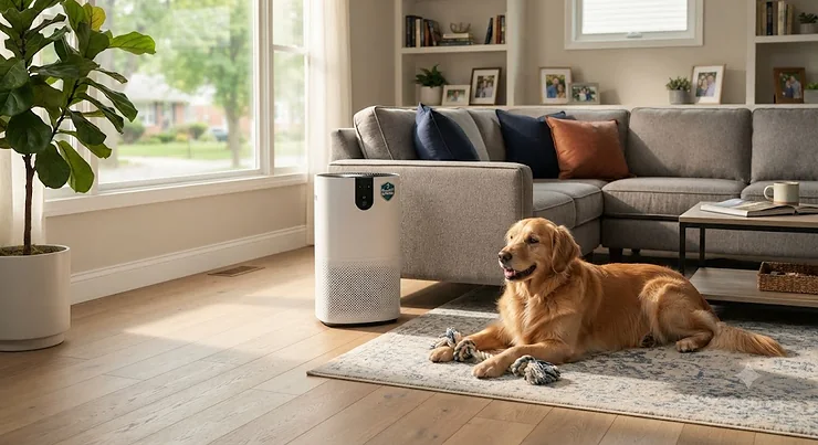 A sleek air purifier for dog allergies placed in a modern American living room with a golden retriever.