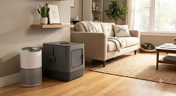 Compact air purifier for litter box smell placed discreetly next to a cat litter box in a modern living room
