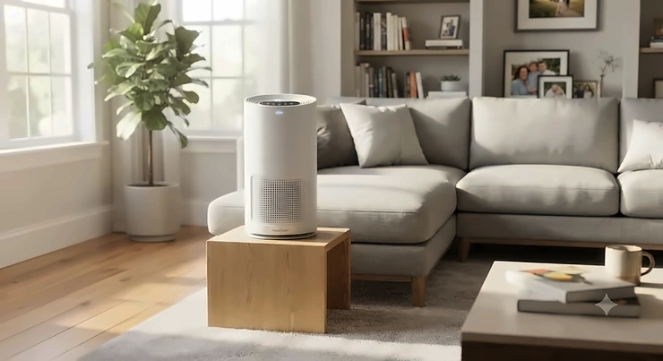 Compact air purifier for mold operating in a modern American living room to improve indoor air quality.