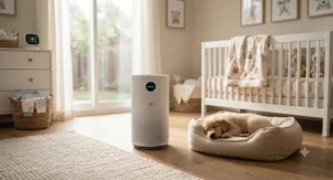 An air purifier for pets keeping the air clean and allergen-free in a nursery with a sleeping puppy.