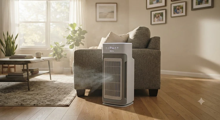 Modern air purifier operating in a cozy American living room to remove secondhand smoke. best air purifier for secondhand smoke