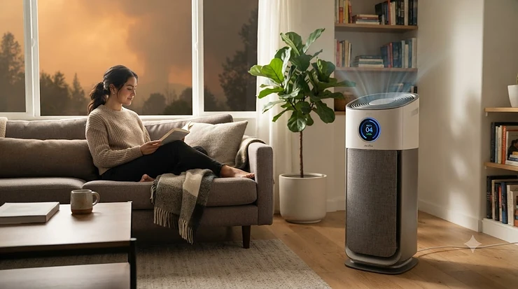 A woman reading in a living room with an air purifier running, while a hazy, smoke-filled sky is visible through the window. air purifier for wildfire smoke