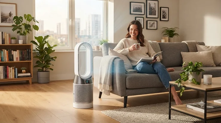 A high-performance air purifier for a smokers apartment sitting in a modern living room. air purifier for smokers apartment