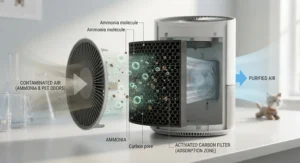 Diagram showing an activated carbon filter in an air purifier neutralizing ammonia and pet smells