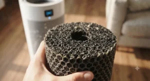 Activated carbon filter inside an air purifier for pet odor designed to neutralize strong dog smells