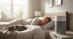 A cat owner sleeping soundly in a bedroom with an air purifier for cat allergies nearby.