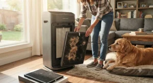 A homeowner replacing the activated carbon filter inside an air purifier used for shedding dogs.