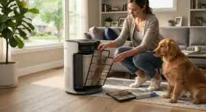 A pet owner easily replacing the pre-filter on an air purifier for dog allergies.