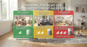 Infographic showing how to choose the right size air purifier for cat allergies based on room square footage.