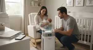 A family choosing an air purifier to ensure their baby breathes clean air free from secondhand smoke.