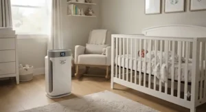 A peaceful, clean nursery setting with an air purifier helping maintain healthy air for the baby.
