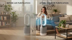 A visual comparison of air quality levels in an apartment before and after using an air purifier.