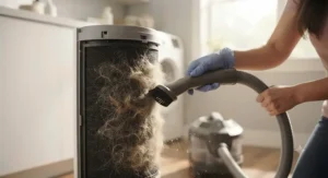 A homeowner vacuuming the pre-filter of an air purifier for pet odor filled with accumulated pet hair