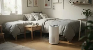 A compact, efficient air purifier placed in a small apartment bedroom to filter out smoke.