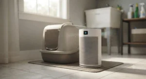 A compact air purifier for pet odor positioned next to a cat litter box to control ammonia smells