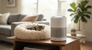 A compact air purifier for pets placed on a side table next to a comfortable pet bed.