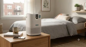 A compact air purifier for dog allergies sitting on a nightstand in a small apartment.
