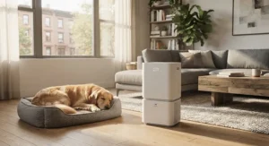 A sleek tower air purifier for large dogs blending into a modern American apartment decor.