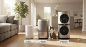 Comparison of different air purifier sizes suitable for clearing cat hair and dander in large floor plans.