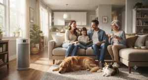 An American family relaxing in a clean home environment with a high-capacity air purifier for pet odor in the corner
