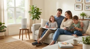 Happy family relaxing in a clean, allergy-free home protected by an effective air purifier for mold.
