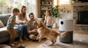 A happy family playing with their dog in a room with a high-performance air purifier for pets running.