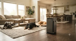A heavy-duty air purifier working in an open-concept home with multiple large dog breeds resting.