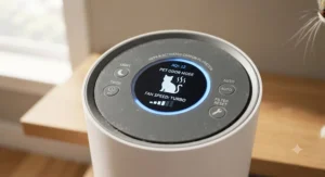 Close-up of a HEPA air purifier control panel showing settings optimized to eliminate cat litter odor