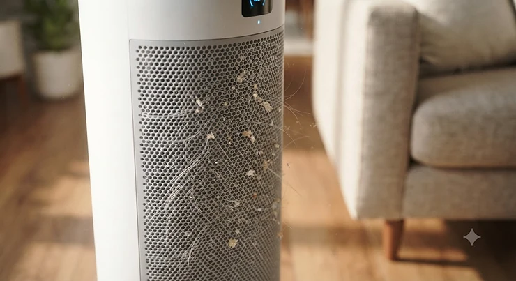 Close-up of a HEPA air purifier for pet odor capturing airborne cat dander and pet hair