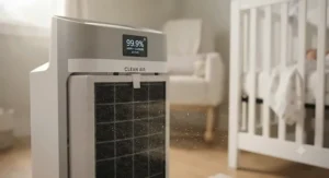 Close-up of a nursery air purifier with a carbon filter designed to trap secondhand smoke particles.