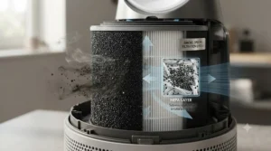 Diagram showing how a HEPA filter captures fine smoke particles from indoor air.