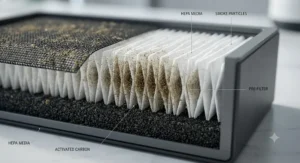 Close-up of a HEPA filter capturing cigarette smoke particles and fine dust.