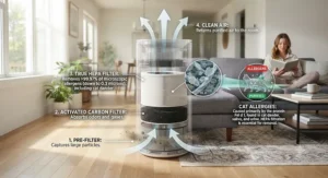 Diagram explaining how an air purifier for cat allergies filters out microscopic dander particles.