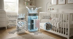 Diagram showing how an air purifier filters pollutants and secondhand smoke from a baby's bedroom air.