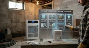 Checklist for choosing an air purifier for basement mold including CADR ratings and humidity control.