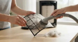 Close-up showing the pre-filter of an air purifier being cleaned of trapped cat hair.