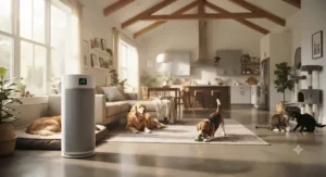 A powerful tower air purifier for pet odor operating in a spacious open-concept home with multiple dogs and cats