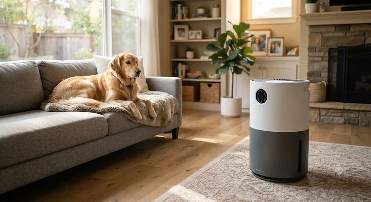 A sleek modern air purifier for pets running quietly in a cozy American living room with a dog nearby.