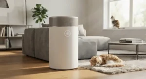 A stylish, large-room air purifier placed in a home environment with cats to improve indoor air quality.