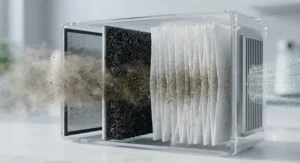 Schematic showing multi-stage filtration process in air purifiers for cigarette smoke.