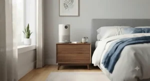 Quiet portable air purifier for mold set up on a nightstand inside a residential bedroom.