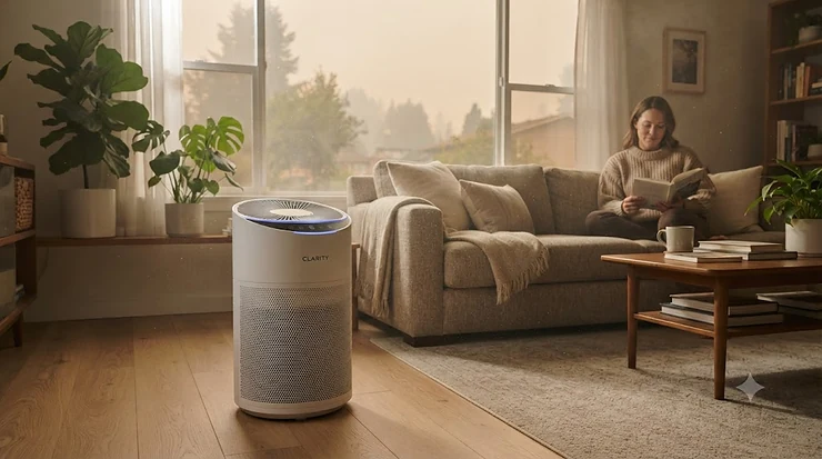 High-efficiency portable air purifier running in a living room to filter wildfire smoke particles. portable air purifier wildfire smoke