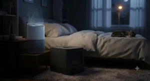 Quiet bedroom air purifier operating softly near a covered cat litter box during the night