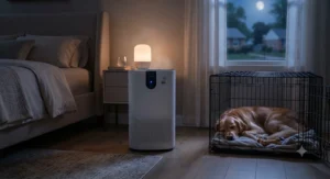 A quiet air purifier for dog allergies operating in a bedroom next to a dog crate at night.